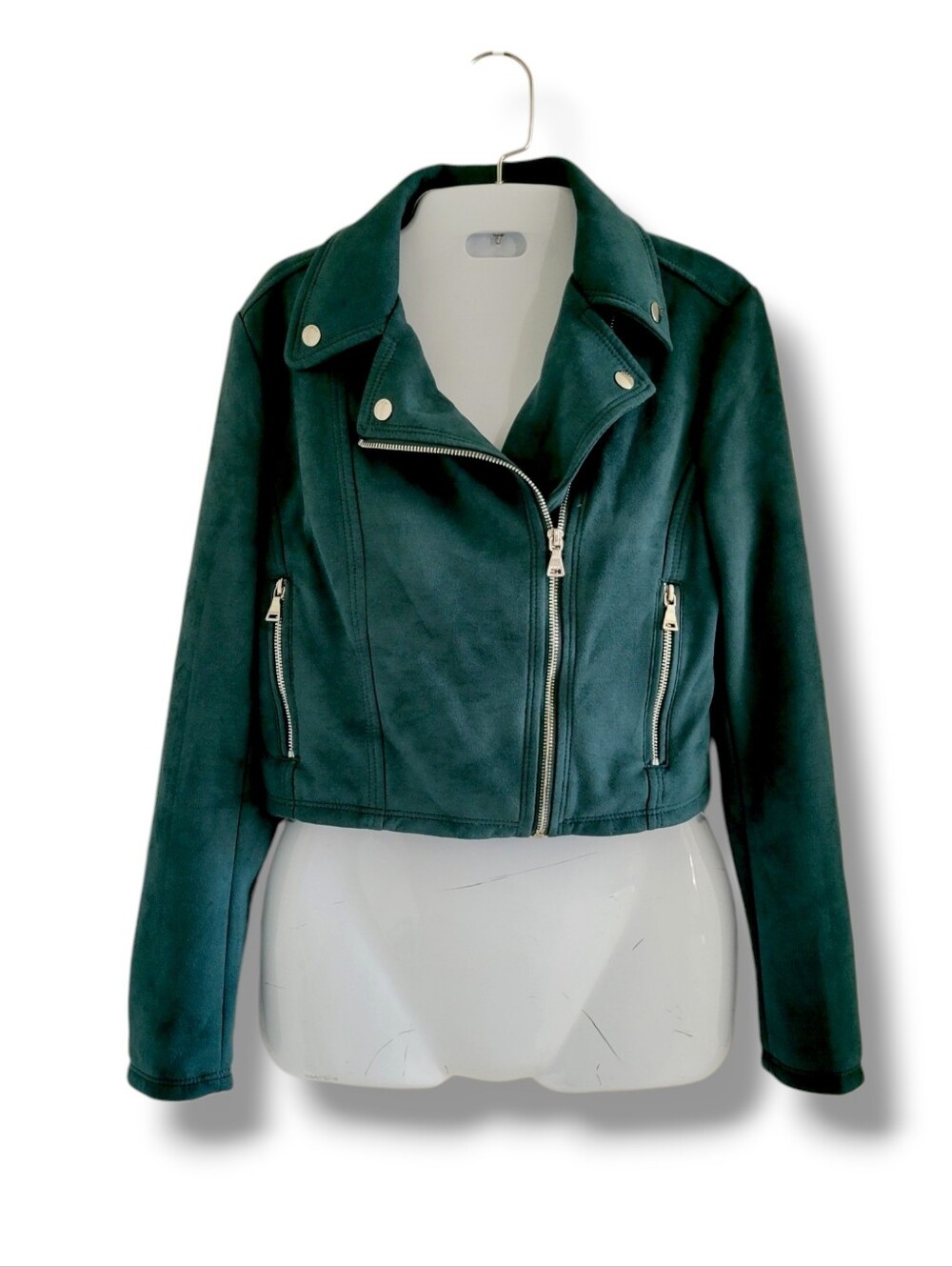 Express | EUC Deep Dark Green Faux Suede Cropped Moto Jacket (SIZE S)